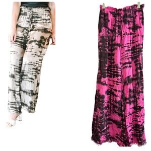 BRAND BAZAR Silky Pink Tie-Dye Raw Hem Wide Leg Flowy Pants Boho Festival Artsy